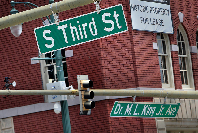 June 19, 2015 - The intersection of South Third and Linden, now Dr. M. L. King Jr. Avenue, could be where two Kings meet, if an application the city has filed is approved. Mayor A C Whartons administration applied to the Office of Planning and Development June 12 for approval to change the name of Third, between Crump and Chelsea, to B.B. King Boulevard. (Stan Carroll/The Commercial Appeal)